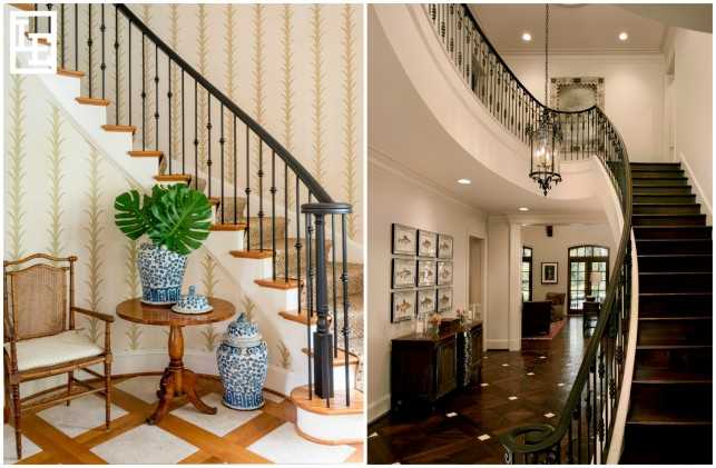 Decorative metal stair railings add interest to a foyer and create a rhythmic path for the eye to travel.