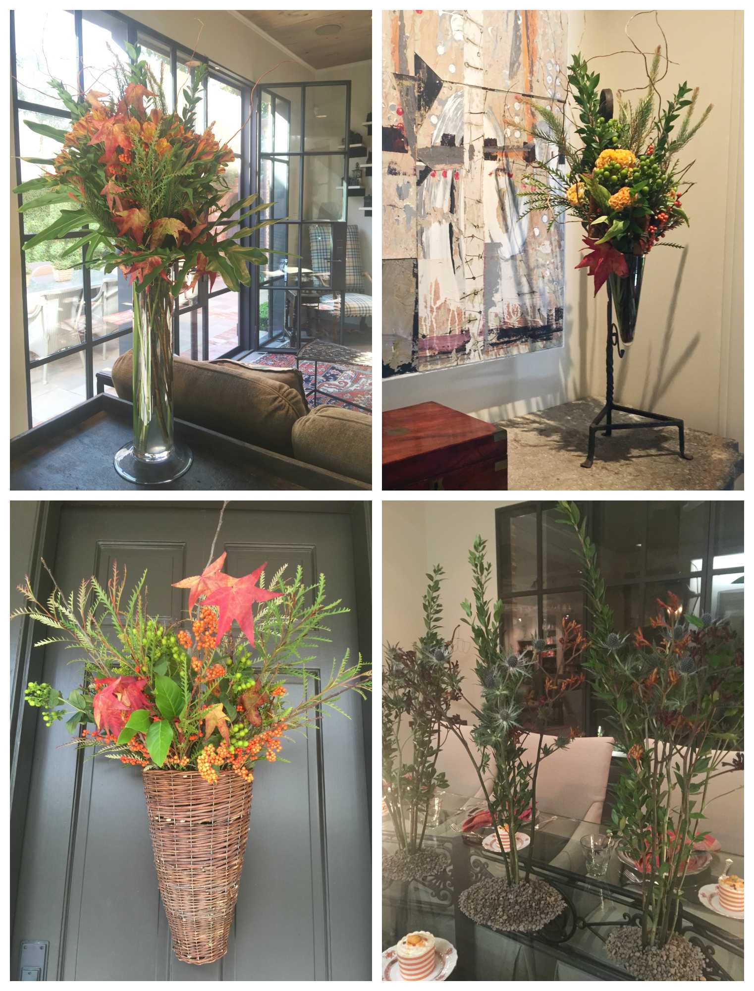 Clockwise: Tall vase from Kuhl Linscomb; Antique kettle stand from Round Top; Hanging basket; Frogs holding the flowers in place covered by washed pebbles