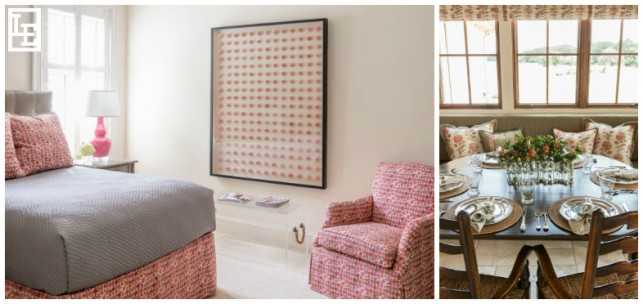 In both spaces above, the same pattern is used in multiple ways, which creates a cohesive design. Fabric used on the right: Jasper's "Indian Flower" in Pink/Green.