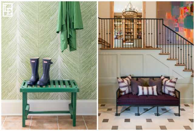 Left: Mudrooms, laundry rooms, and powder baths are a few of our favorite places to experiment with bright and playful colors. Right:Using a variety of bright color within a space can still be sophisticated, as seen in this client’s entry.