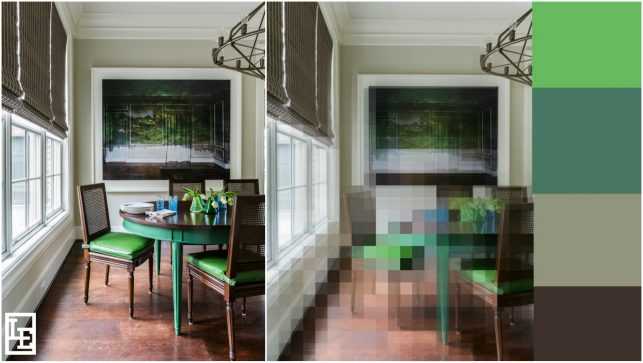 By pixelating this image of a client’s breakfast room, it’s easier to see the main four colors used within the space; varied tones of green brighten up an otherwise neutral palette. 