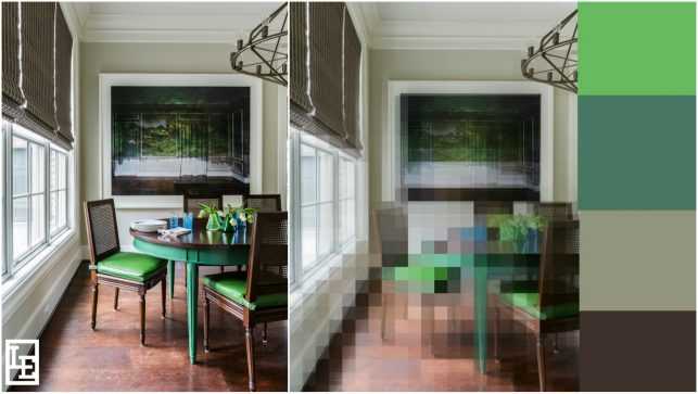 By pixelating this image of a client’s breakfast room, it’s easier to see the main four colors used within the space; varied tones of green brighten up an otherwise neutral palette.