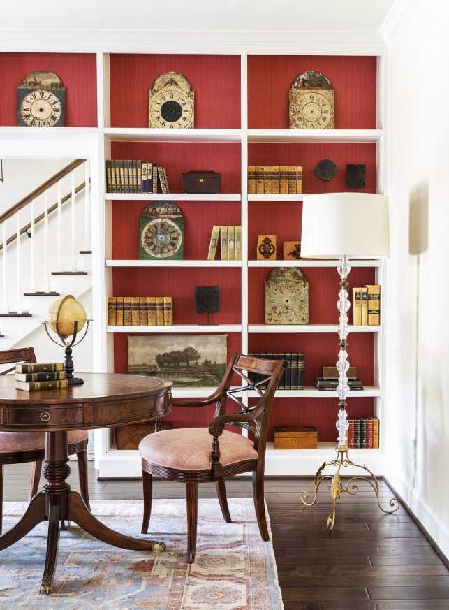 red wallpaper library bookshelves